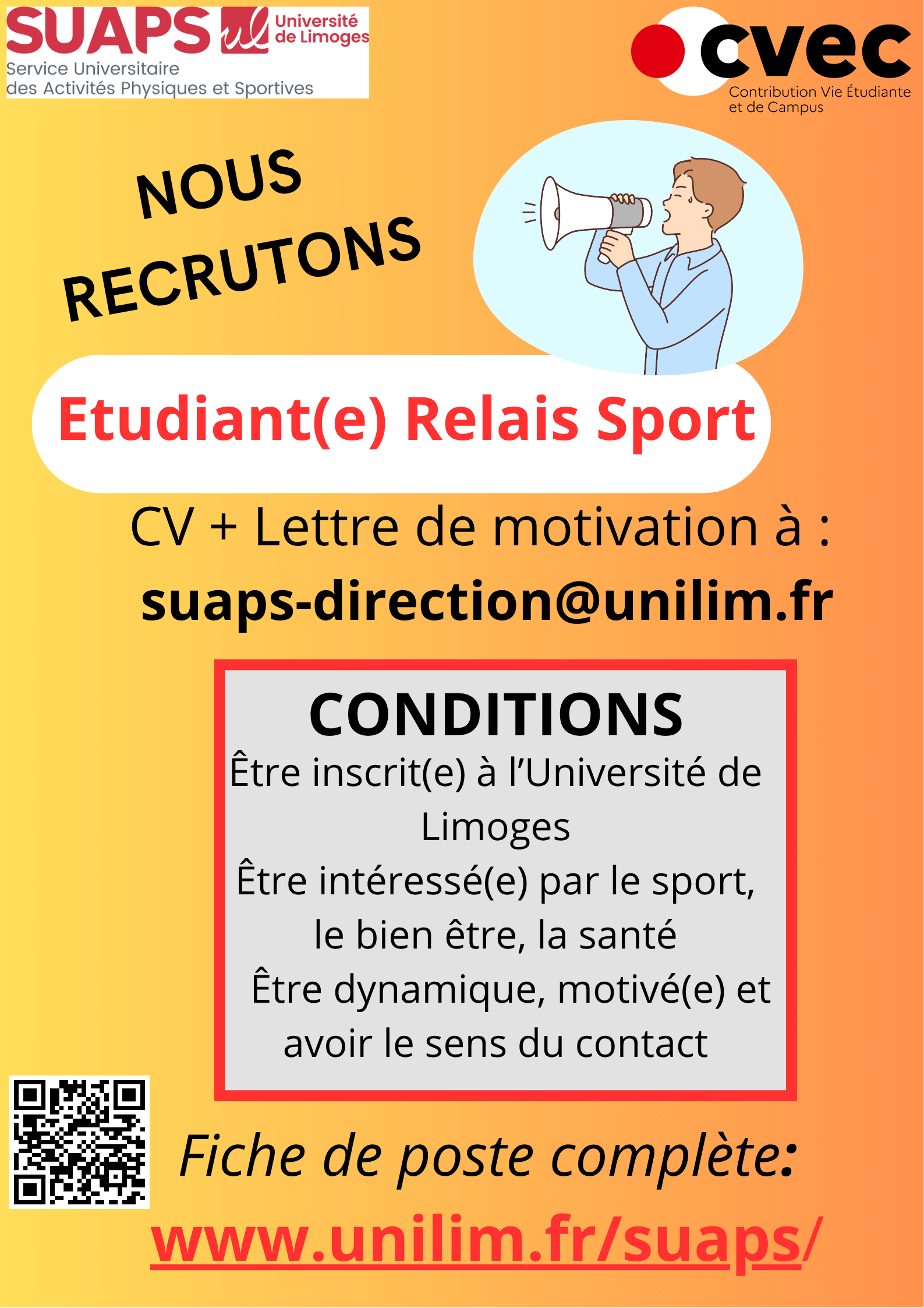 Recrutement d'étudiants relais sport au SUAPS pour l'année universitaire 2025-2026.